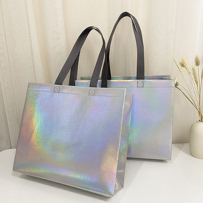 10Pcs Reusable Silver Laser Tote Bag Durable Non Woven Gift Shopping Bag for Wedding Bridesmaid Party Birthday Eco Friendly