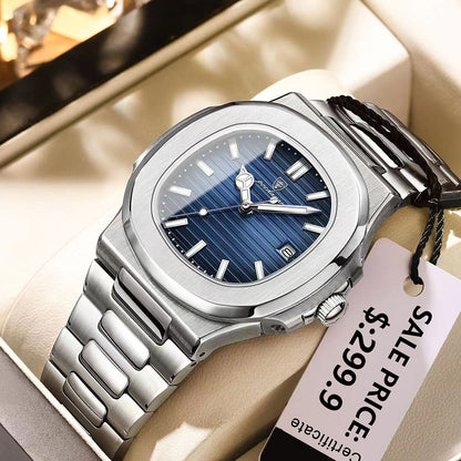 Relógio Masculino de Luxo POEDAGAR 50 ATM À Prova D'água Relógio Masculino Luminoso Data Aço Inoxidável Quadrado Quartzo Relógios Masculinos reloj hombre