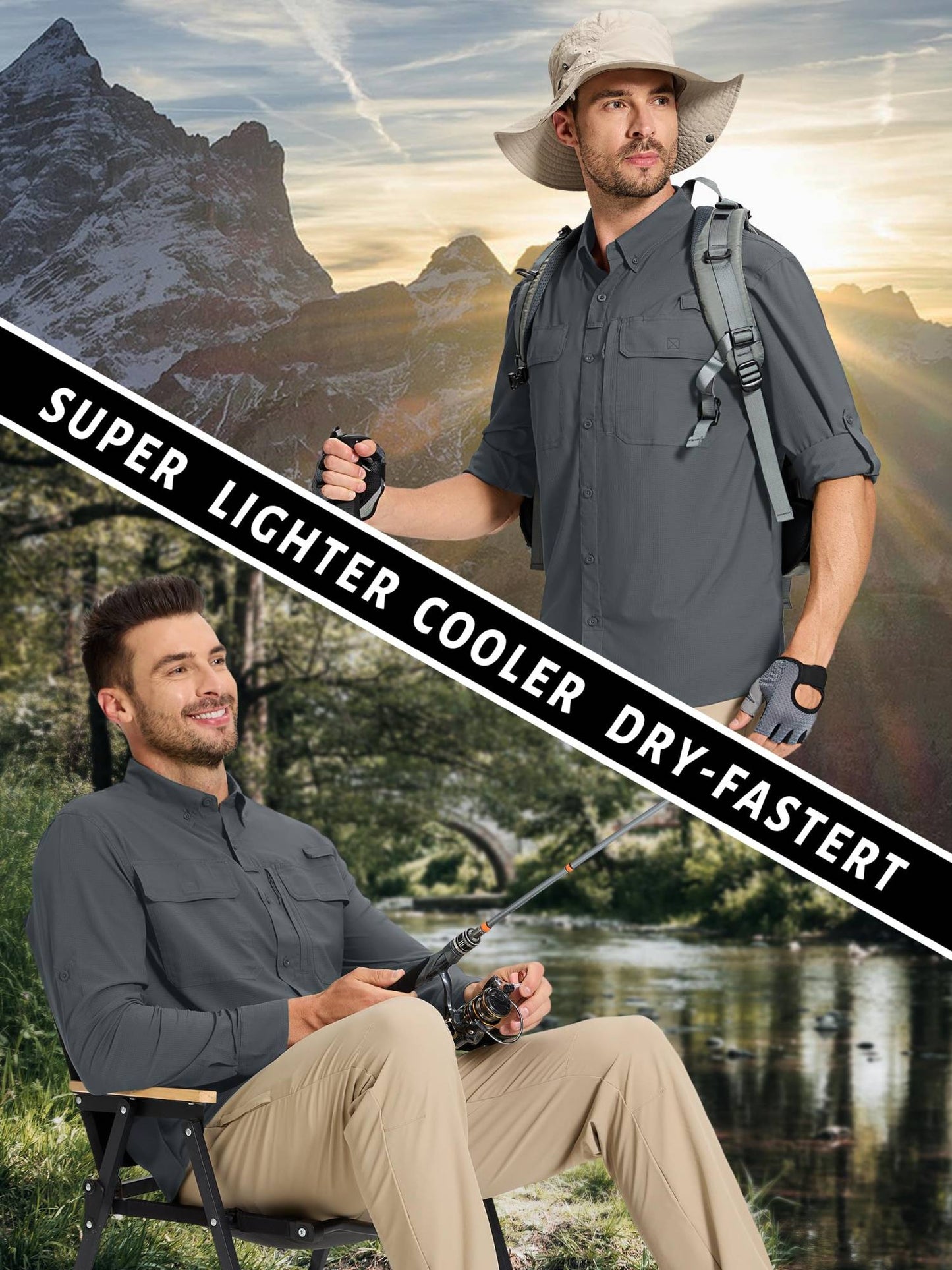 TACVASEN UV Block Fishing Shirts Mens Sun Protection Quick Dry Long Sleeve Shirts Mesh Breathable Hiking Cargo Shirts Work Shirt