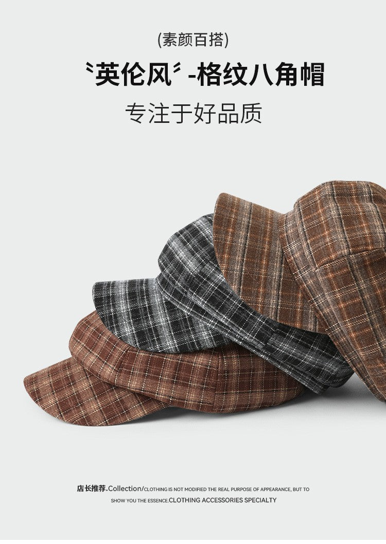 Vintage Plaid Newsboy Cap Women Men British Style Retro Artistic Octagonal Hat Female Male Casual Painter Cap Unisex Fall Winter