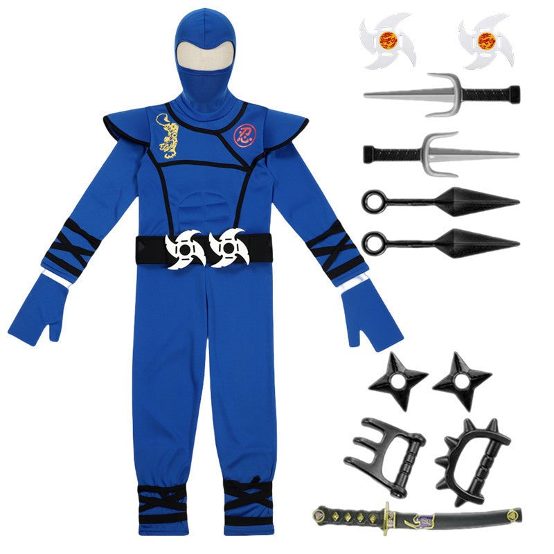 Ninja Costume Set Blue Masked Ninja Halloween Party Dress Up Outfit for Children Boys Girls with Toy Gift Holiday Party Costume
