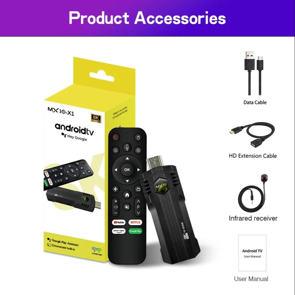 Smart TV Stick MX10 X1 4K Ultra 2GB 16GB WIFI Controle Remoto por Voz Android 13 para Streaming em 4K Box TV Fire Stick