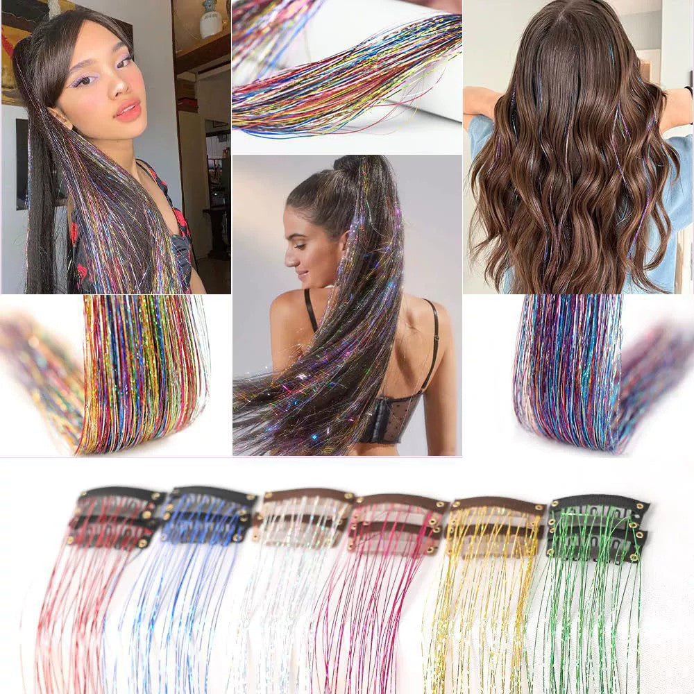 12Pçs Cabelo Sintético Tinsel 50cm com Presilha Glitter Tinsel Presilha de Cabelo Kit de Tinsel Resistente ao Calor Brilho Cintilante Cabelo de Fada