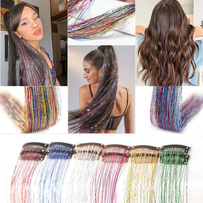 12Pçs Cabelo Sintético Tinsel 50cm com Presilha Glitter Tinsel Presilha de Cabelo Kit de Tinsel Resistente ao Calor Brilho Cintilante Cabelo de Fada