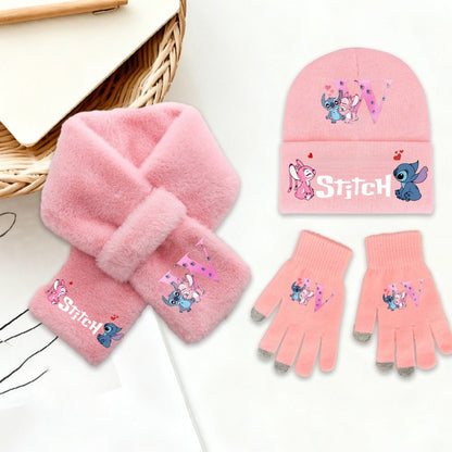 Disney Anime Stitch 3Pcs Conjunto Infantil Menina Quente Malha Chapéu Cachecol Luvas Stitch Letra A-Z Inverno Casual Moda Presente de Aniversário Infantil
