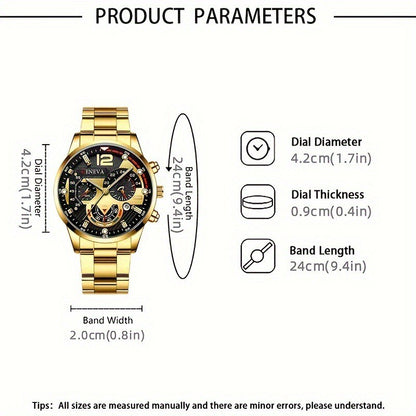 4pcs Luxury Men Business Quartz Watch Gold Alloy Roman with Calendar Wrist Watch Cross Necklace Bracelet Ring Set Men's Gift