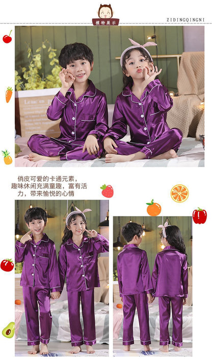 2 to 14 Years Boys Girls Pajamas Sets Kids Silk Satin Top Pant Long/Short Sleeve Solid Pyjamas Suits Nightgown Child Sleepwear