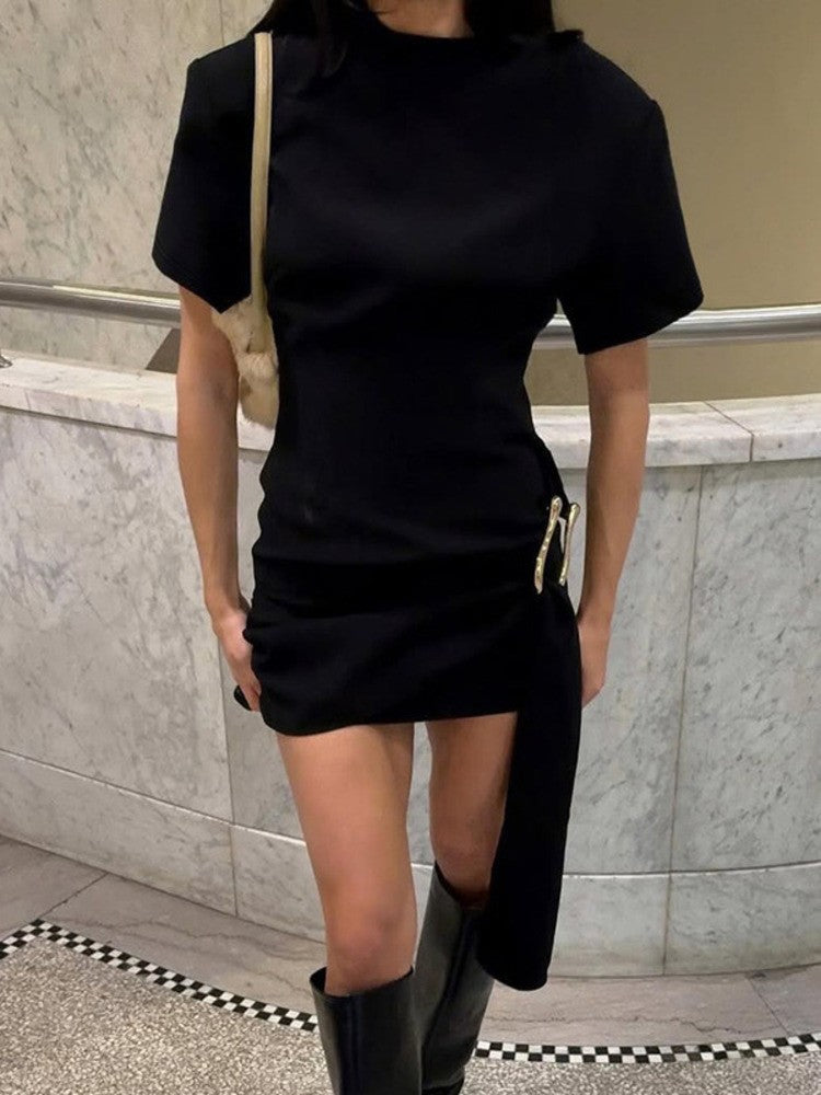 Mozision Short Sleeve Draped Sexy Mini Dress For Women Black Metal Buckle O Neck
