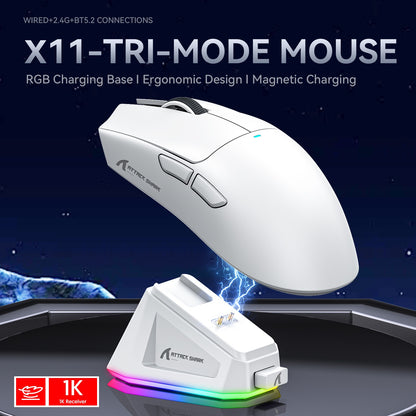 Mouse Gamer Sem Fio Attack Shark X11: 3 Modos (2.4GHz/Com Fio/Bluetooth), PAW3311, 22000DPI, 400IPS, Mouse Gamer para PC