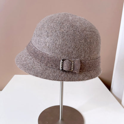 Chapéu de Lã Japonês Feminino Outono Inverno Quente de Tricô Fivela de Diamante Fita Chapéu de Pescador Chapéu de Bacia Pequena Frente e Verso