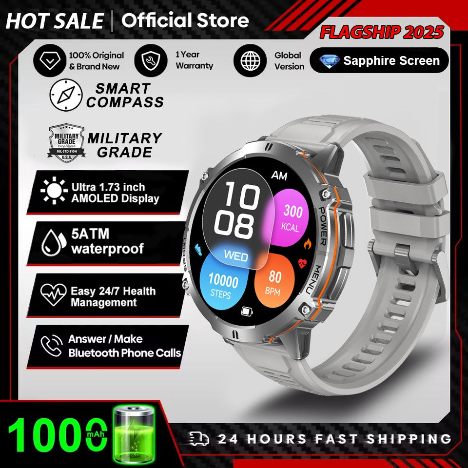 2026 Novo Smartwatch Esportivo Militar com GPS Atualizado Bateria de 1000mAh Tela AMOLED de 1,7 polegadas Bússola Altímetro Chamada Relógio Esportivo Impermeável 10ATM
