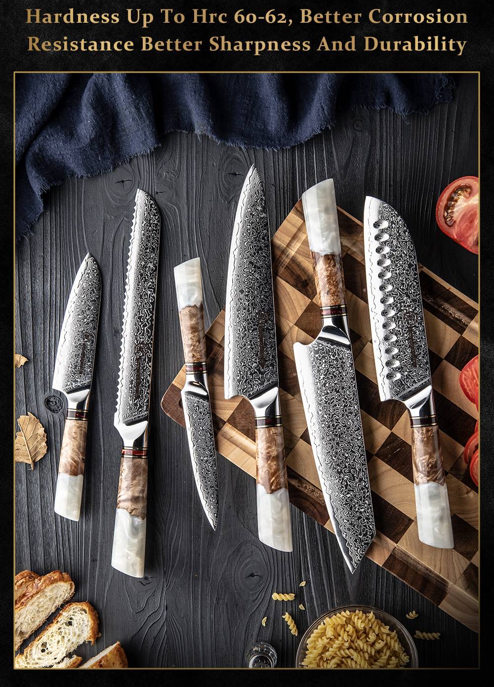 Grandsharp 1-6Pcs Kitchen Knife Set 67 Layer Damascus Steel Solidified Wood Handle Chef Utility Paring Knife with Gift Box