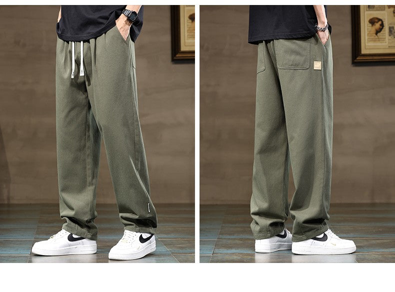 100% Cotton Men's Loose Wide Leg Pants Elastic Waist Fashion ArmyGreen Khaki Korean Streetwear Autumn Straight Trousers