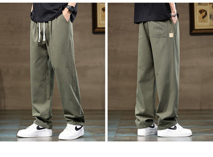 100% Cotton Men's Loose Wide Leg Pants Elastic Waist Fashion ArmyGreen Khaki Korean Streetwear Autumn Straight Trousers