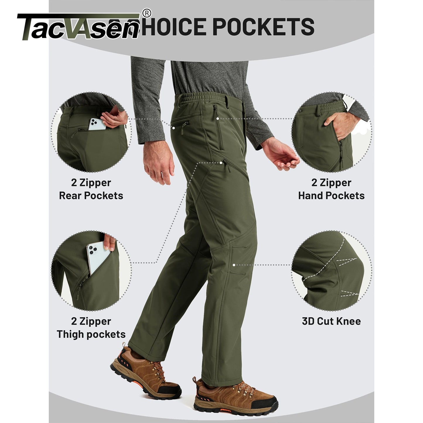 Calça Masculina de Inverno para Caminhada TACVASEN Forrada com Fleece, Impermeável, Softshell, para Esqui na Neve, Isolada, Cargo de Trabalho com 6 Bolsos com Zíper