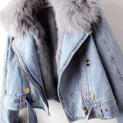 New Winter Denim Jacket Women Fashion Overcoat Faux Fox Fur Collar Jean Coat Female Short Warm Parkas Rabbit Hair Lining Outwear