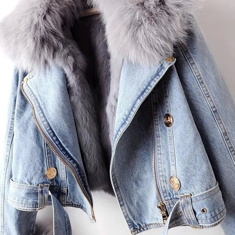 New Winter Denim Jacket Women Fashion Overcoat Faux Fox Fur Collar Jean Coat Female Short Warm Parkas Rabbit Hair Lining Outwear