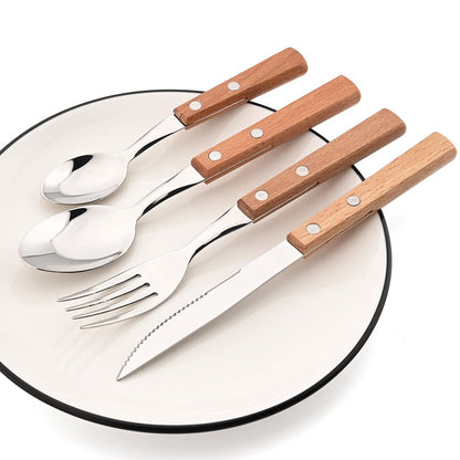 JANKNG 304 Stainless Steel Fork with Wooden Handle Tableware Cutlery Mirror Dinnerware Flatware Silverware Kitchen Accessories