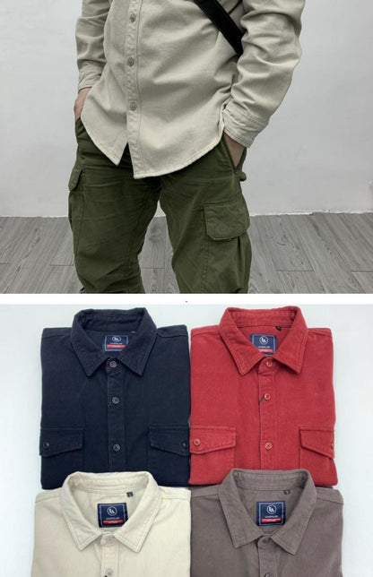 May Khaki heavy cargo double-pocket shirt men's cotton wash wool long-sleeved Japanese vintage loose coat