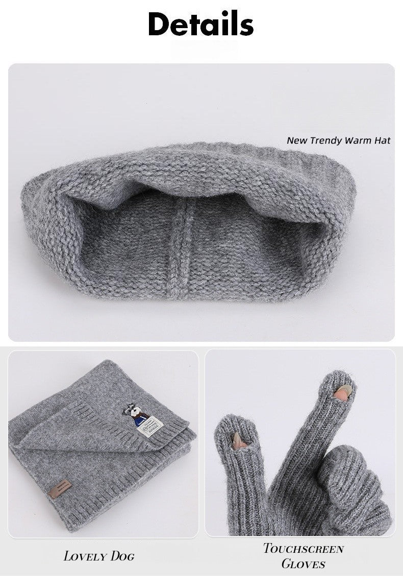 Embroidered Puppy Knitted Hat Scarf Gloves Three-Piece Set for Women Winter Warmth Earflap Beanie