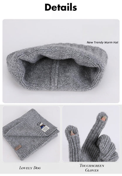 Embroidered Puppy Knitted Hat Scarf Gloves Three-Piece Set for Women Winter Warmth Earflap Beanie
