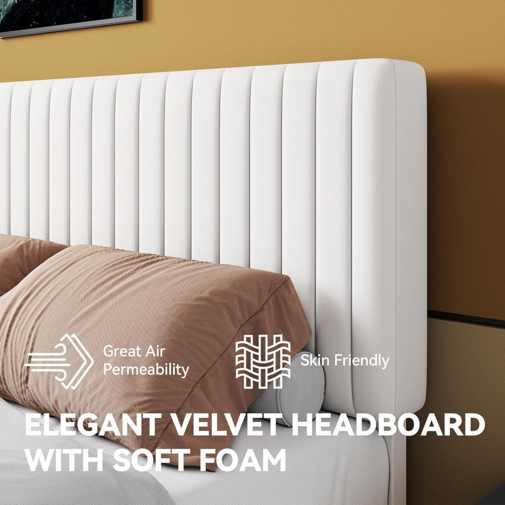 Cama Queen Size com Estrutura Plataforma, Cama Estofada em Veludo Moderna com Cabeceira Ajustável com Capitonê Vertical,