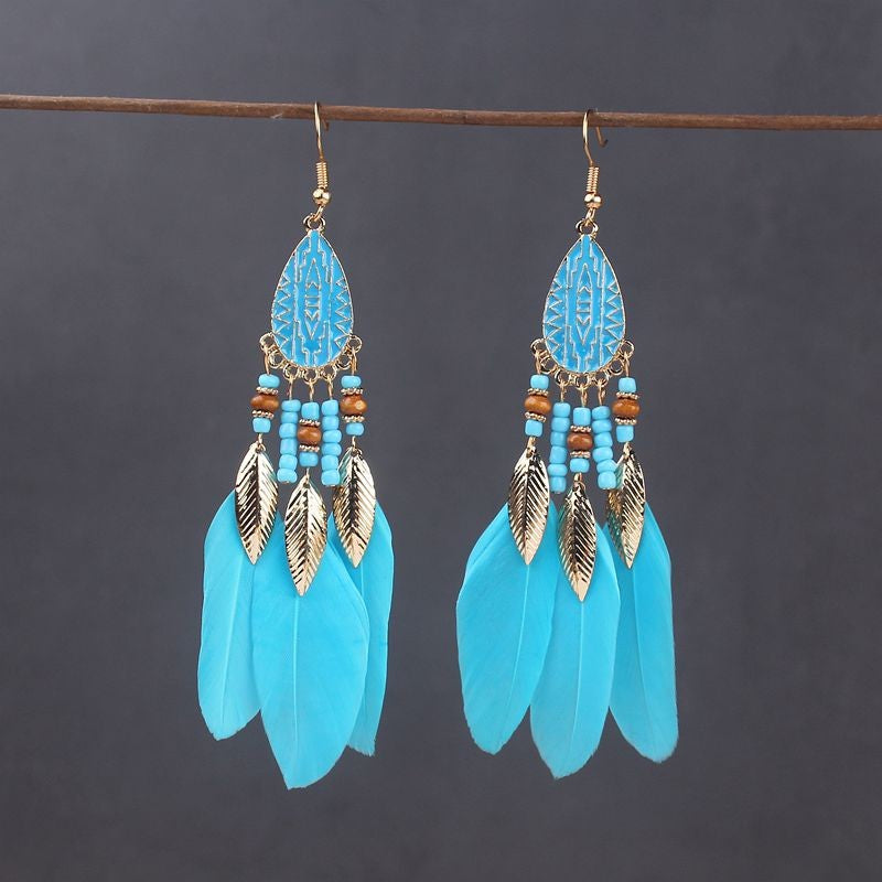 Brincos femininos longos de pena estilo boho, praia, com borla longa, miçangas, flores artesanais esmaltadas, para noiva, casamento, Pendientes Mujer