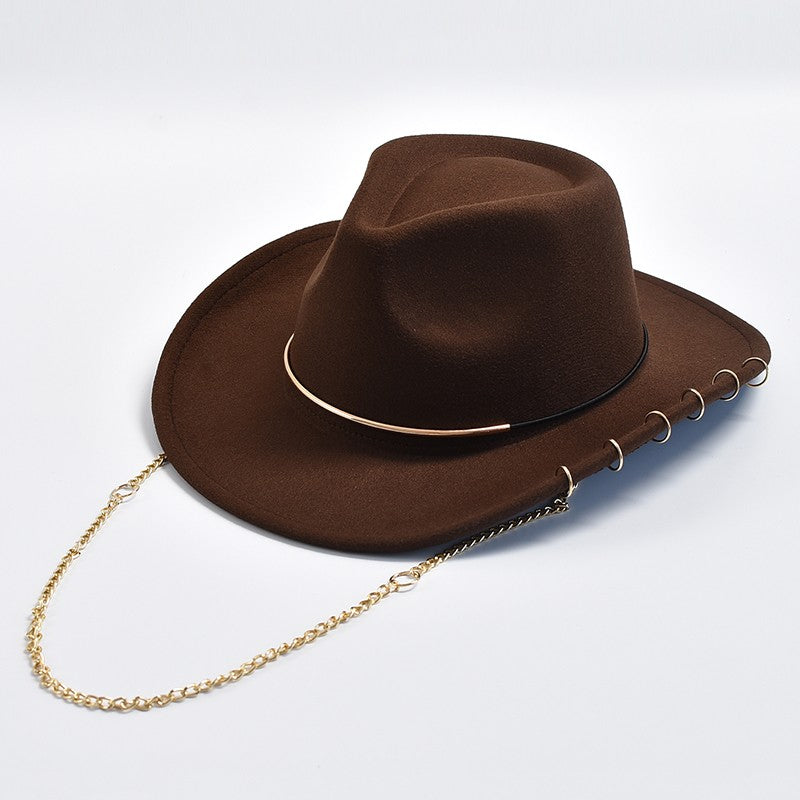 Chapéus Fedora Retrô Femininos Masculinos Chapéu de Jazz em Feltro com Corrente de Metal Aba Curva Chapéu de Cowboy Ocidental Sombrero Hombre