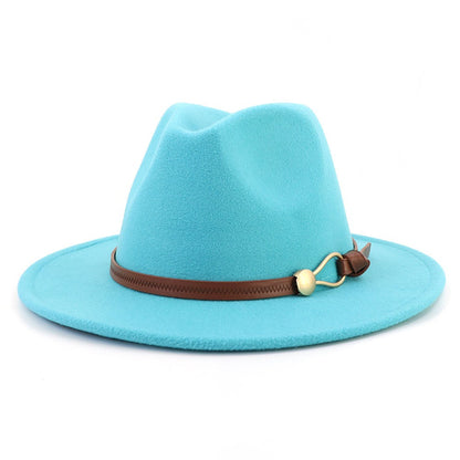 New Brown Belt Buckle Jazz Fedora Hat Autumn Winter Women Men Party Church Top Hat Wide Brim Sun Hat Felt Panama Cap