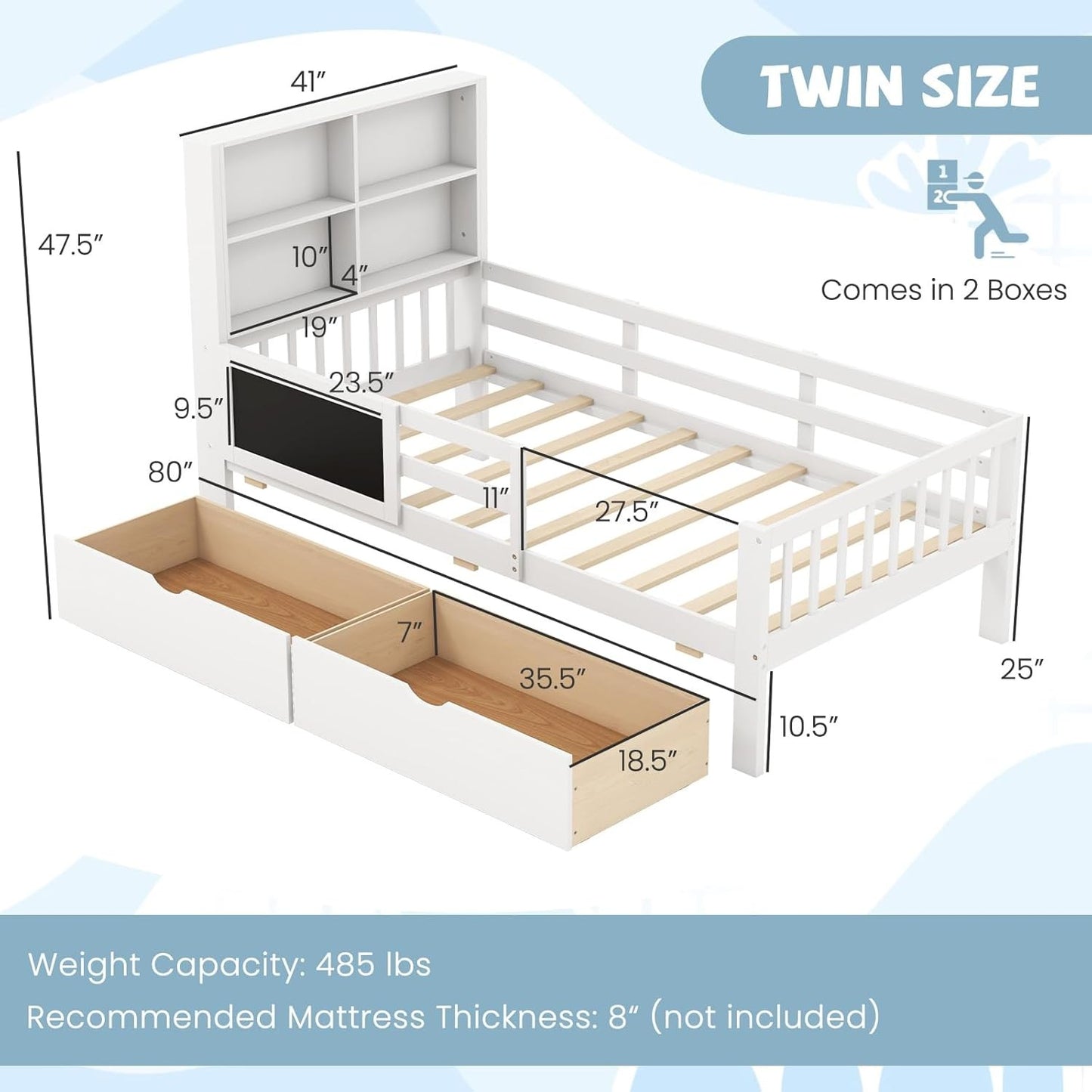 Twin Bed with 2 Storage Drawers, Solid Wood Kids Bed Frame w/Bookcase Headboard & Blackboard, Full-Length Guardrails & W