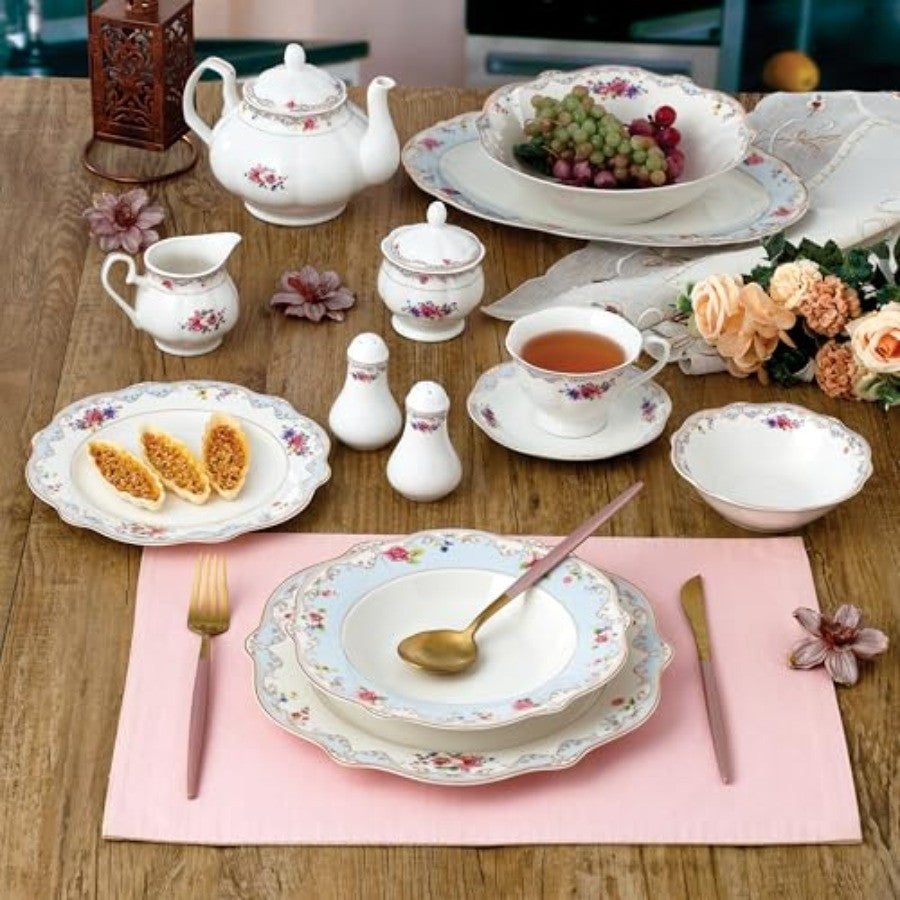 57-Piece Bone China Dinnerware Set, Service for 8, Floral with Blue and Gold Trim