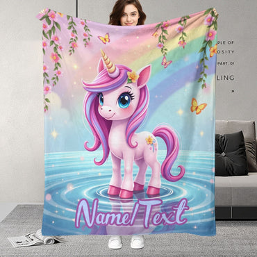 Customizable name cute unicorn pattern flannel blanket suitable for sofa, office, bed, travel, camping, suitable for all seasons