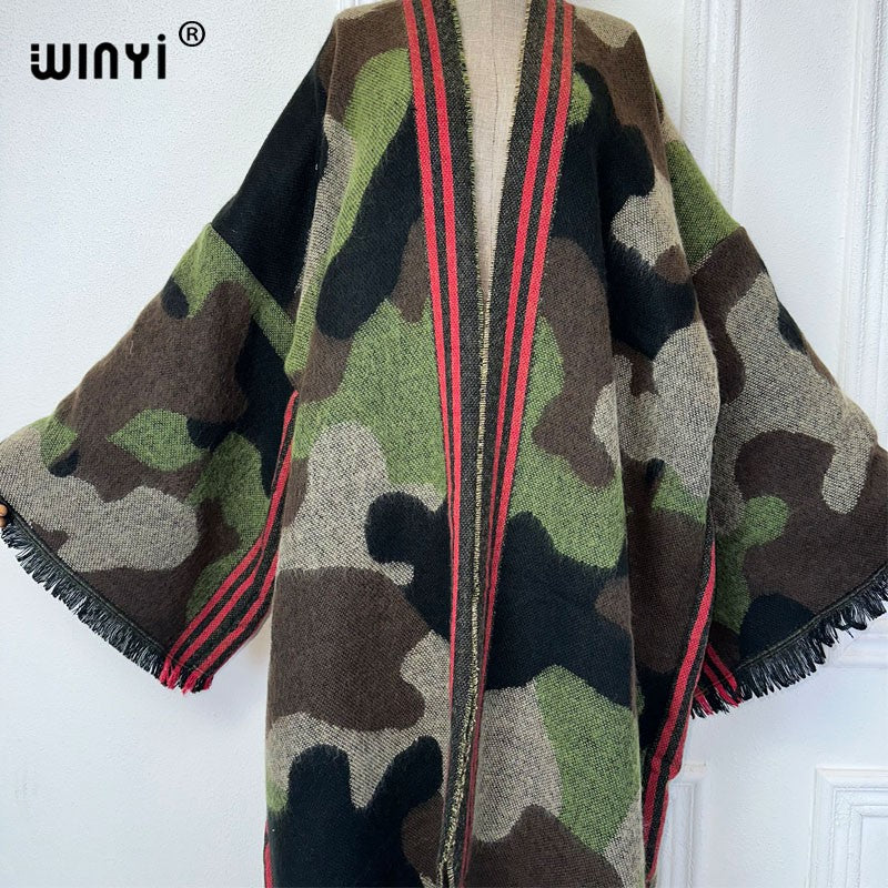 WINYI camouflage colour African women winter kimono long sleeve OverCoat abaya dubai luxury Open Front Long Cardigan party dress
