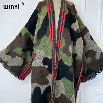 WINYI camouflage colour African women winter kimono long sleeve OverCoat abaya dubai luxury Open Front Long Cardigan party dress