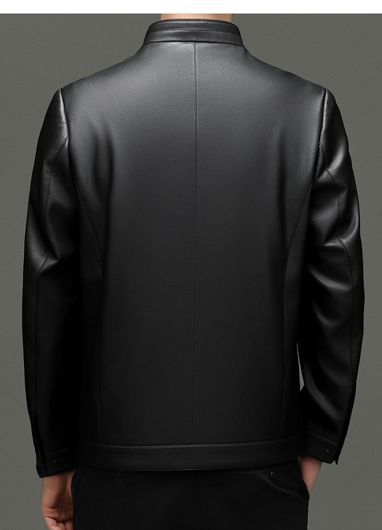 Leather Fashion Handsome Trend Solid Color High Quality Male Stand Collar Dad Father Middle-aged Leather Autumn and Winter Coat