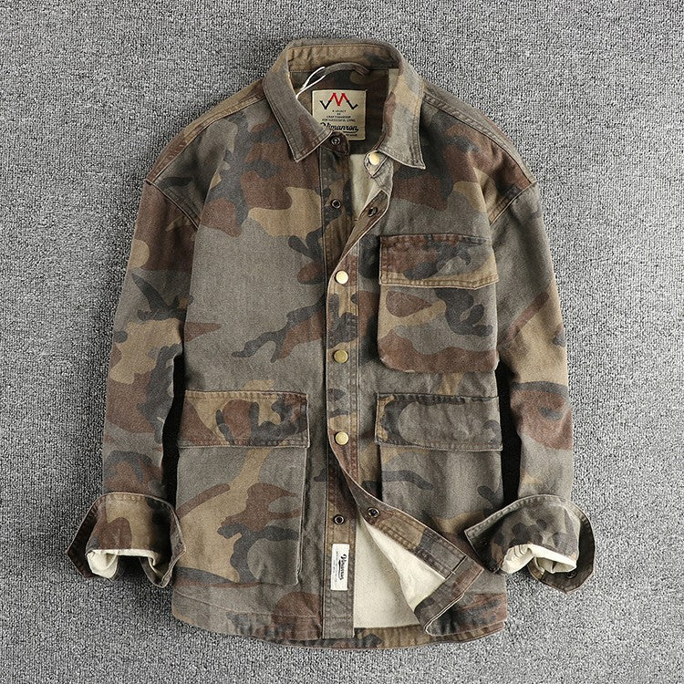 2024 Autumn New American Retro Woven Camouflage Cargo Shirt Men's Fashion 100% Cotton Washed Multi-pocket Casual Thin Jacket