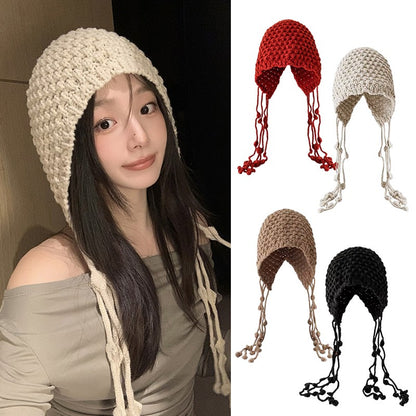 Autumn Winter Women's Hat Hand-knitted Woolen Tassel Cap Beanie Fashion Ear-protecting Cap Outdoor Warmth Headscarf Hat