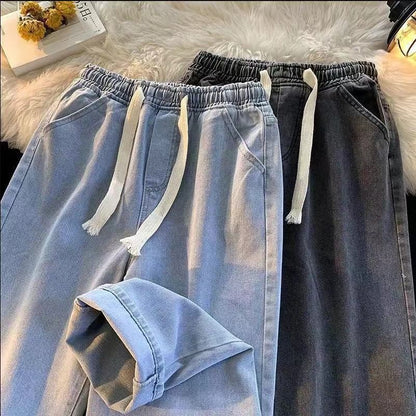 Dragging Streetwear Loose Jeans Men Korean Style Fashion Loose Straight Wide Leg Pant Men's Brand Clothing Black Light Blue Grey