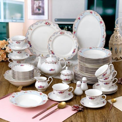57-Piece Bone China Dinnerware Set, Service for 8, Floral with Blue and Gold Trim