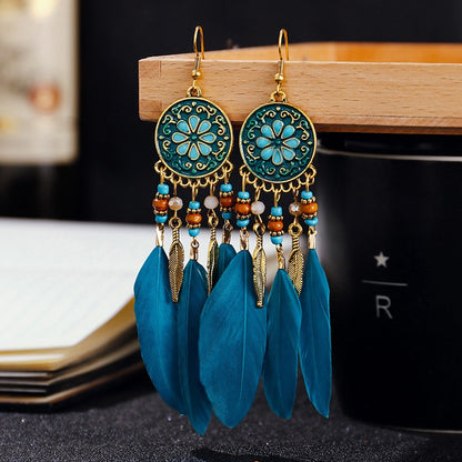 Brincos femininos longos de pena estilo boho, praia, com borla longa, miçangas, flores artesanais esmaltadas, para noiva, casamento, Pendientes Mujer