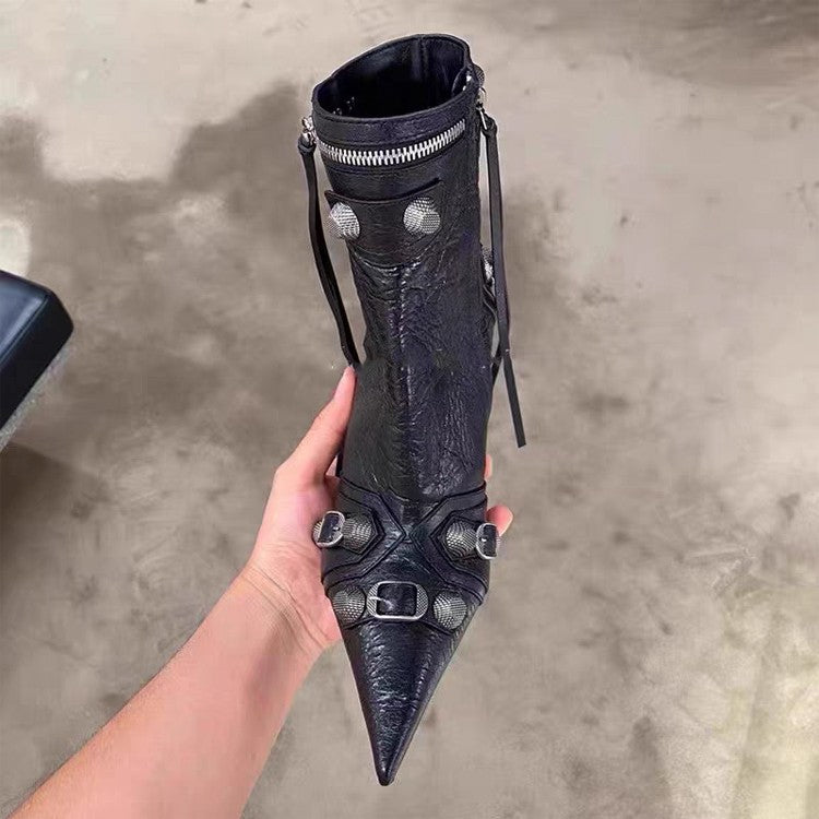 Autumn Winter Women Ankle Boots Sexy Pointed Toe Pole Dance High Heels Pumps Fashion Zip Rivet Chelsea Thin Shoes Female D171