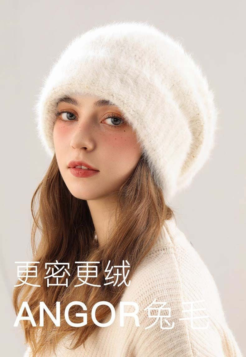 Angora Rabbit Fur Beanies Women's Warm Fluffy Knitted Slouchy Beanie Hat Female Soft Oversize Thermal Hats Autumn Winter