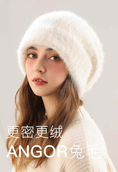 Angora Rabbit Fur Beanies Women's Warm Fluffy Knitted Slouchy Beanie Hat Female Soft Oversize Thermal Hats Autumn Winter