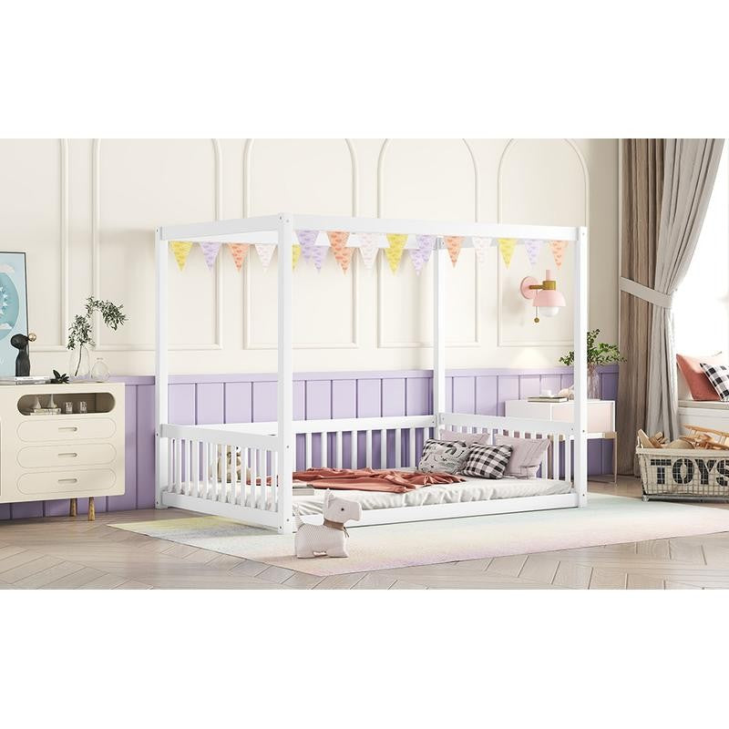 Full-Size Canopy Bed Frame with Safety Rails and Fence - White Finish
