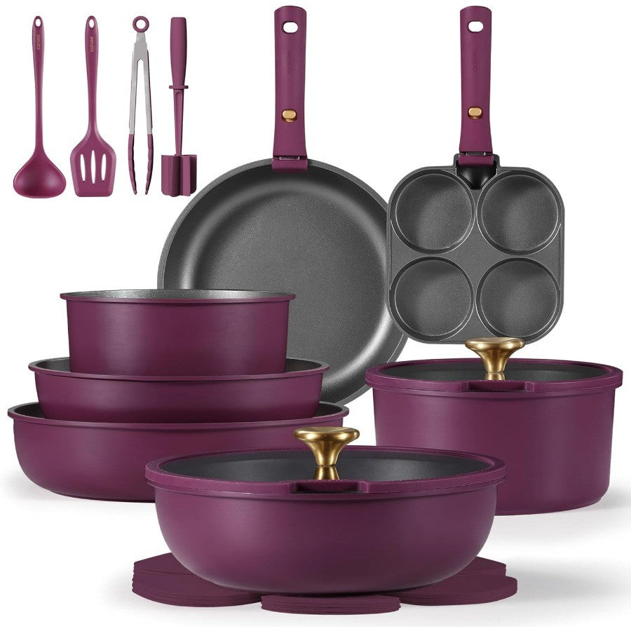 Conjunto de Panelas e Frigideiras 21 Peças, Conjunto de Utensílios de Cozinha Antiaderente com Alça Destacável, Conjunto de Utensílios de Cozinha Antiaderente com Alça Removível para Indução