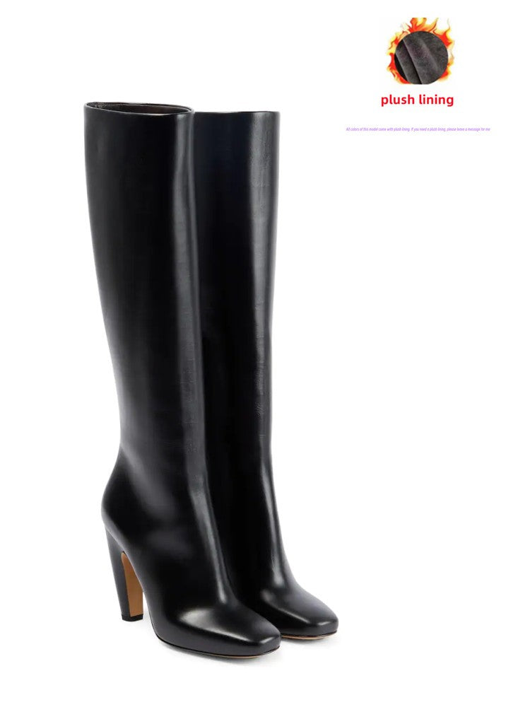 2025 Women's New Winter Coarse High Heels Knee Boots European and American Sexy Square Head Side Zipper Fashion Large Boots