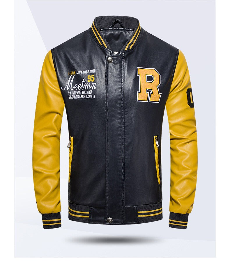 Spring and Autumn Men's Motorcycle Suit Leather jacket Color blocking American baseball collar pilot casual PU leather jacket