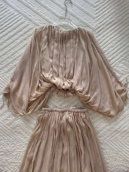 Ladies 100% Silk Elegant Set Pure Color Drawstring Long Sleeve Round Neck Shirt + A-Line Elastic Waist Maxi Skirt Holiday Suits