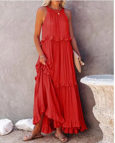 Elegant Women's Apricot Ruffle Edge Long Mop Floor Dresses Summer Fashion Hangin