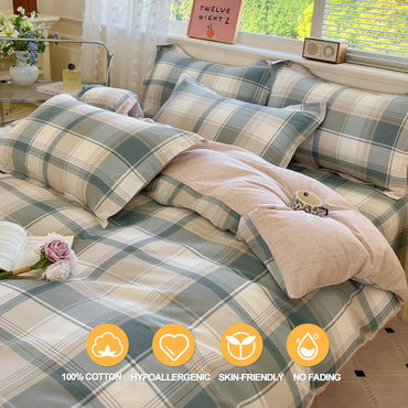 Plaid Style Duvet Cover Set 100% Cotton Bedding Set (1 Duvet Cover 2 Pillowcases),Twin/Full 140x200 200x200,Breathable, Soft